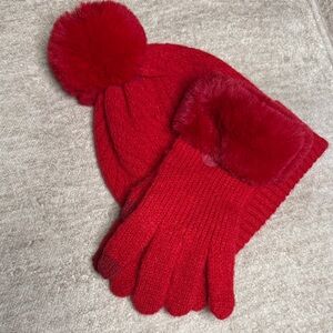 Red Knit Hat and texting Gloves Set with Pom Pom